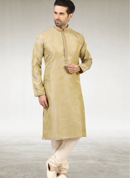 Beige Colour Outluk New Latest Design Jacquard Silk Brocade Party Wear Kurta Pajama Mens Collection 1224-1026